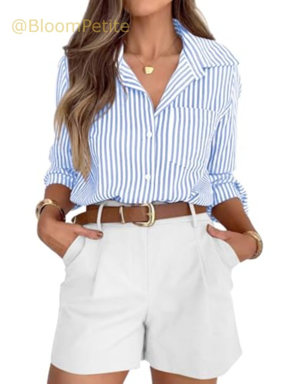 Wrinkle-Free Striped Button Down Collared Work Blouse Curved Hem